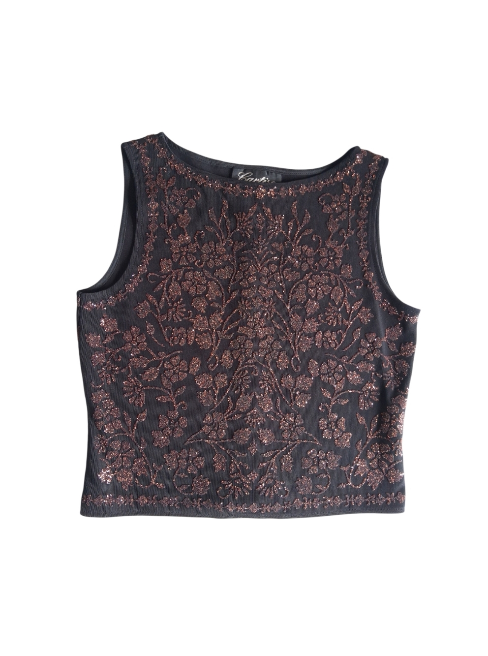 Vintage 90s Crop Top Cartise Beaded Black and Bronze Floral Sleeveless